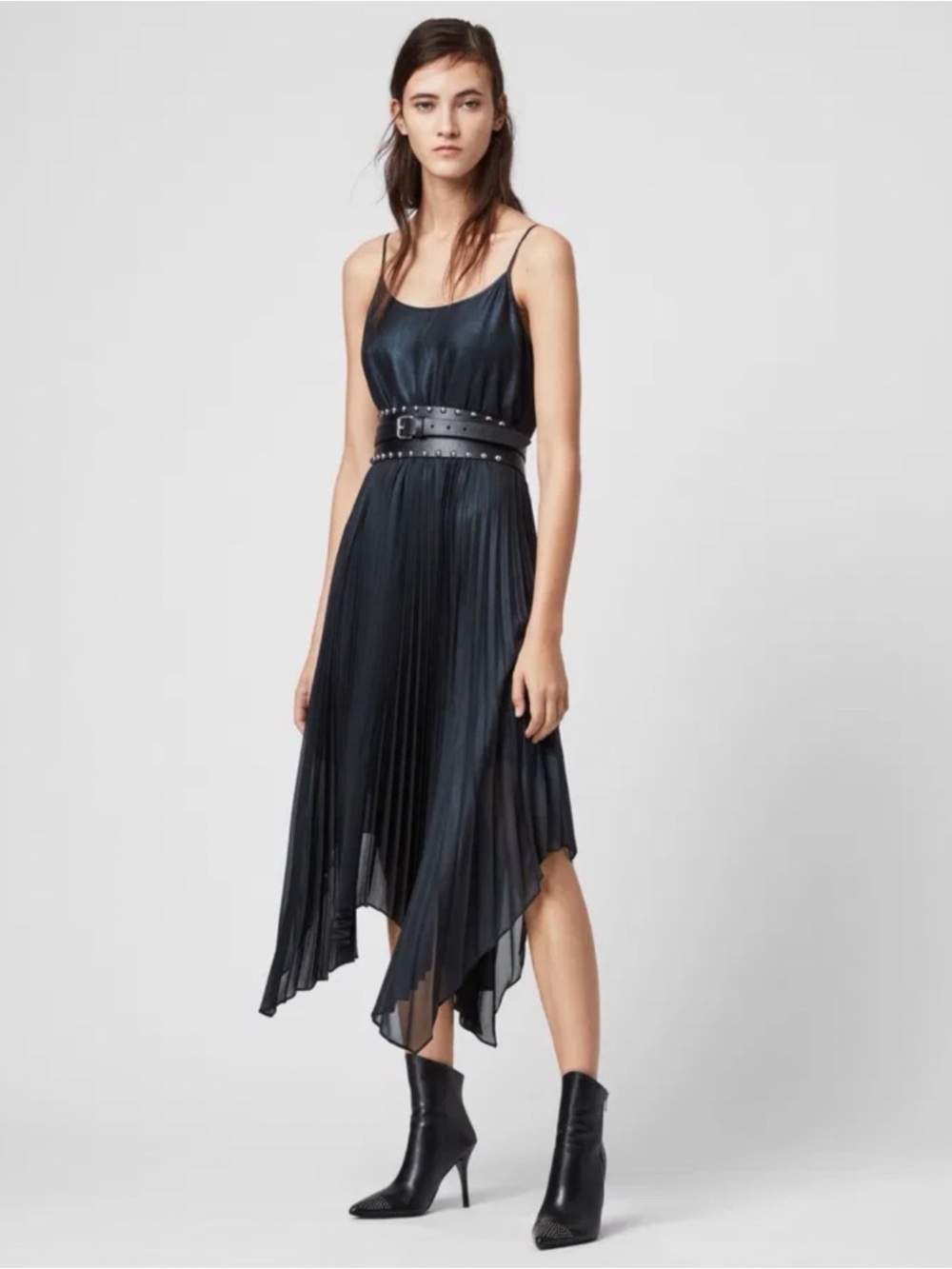 ALLSAINTS Metallic Lerin Knit Dress Pleated Womens L
